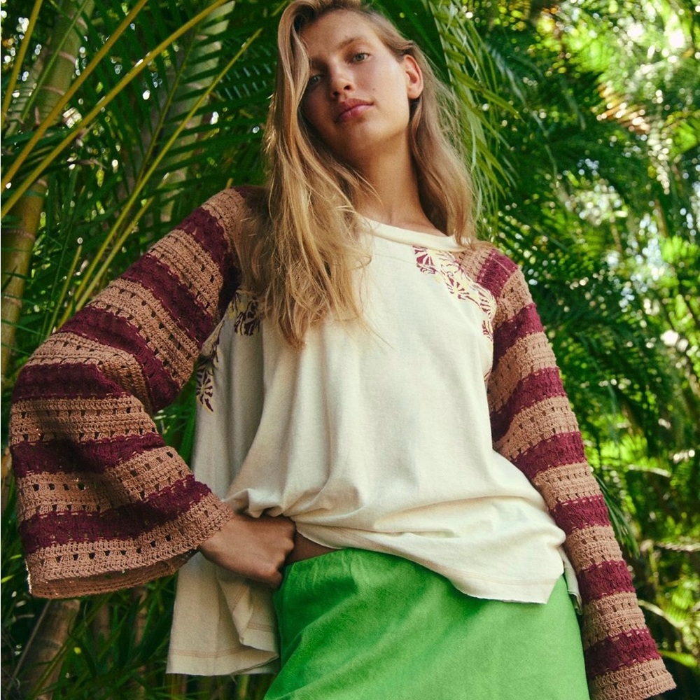 We The Free Cream Top with Striped Sleeves